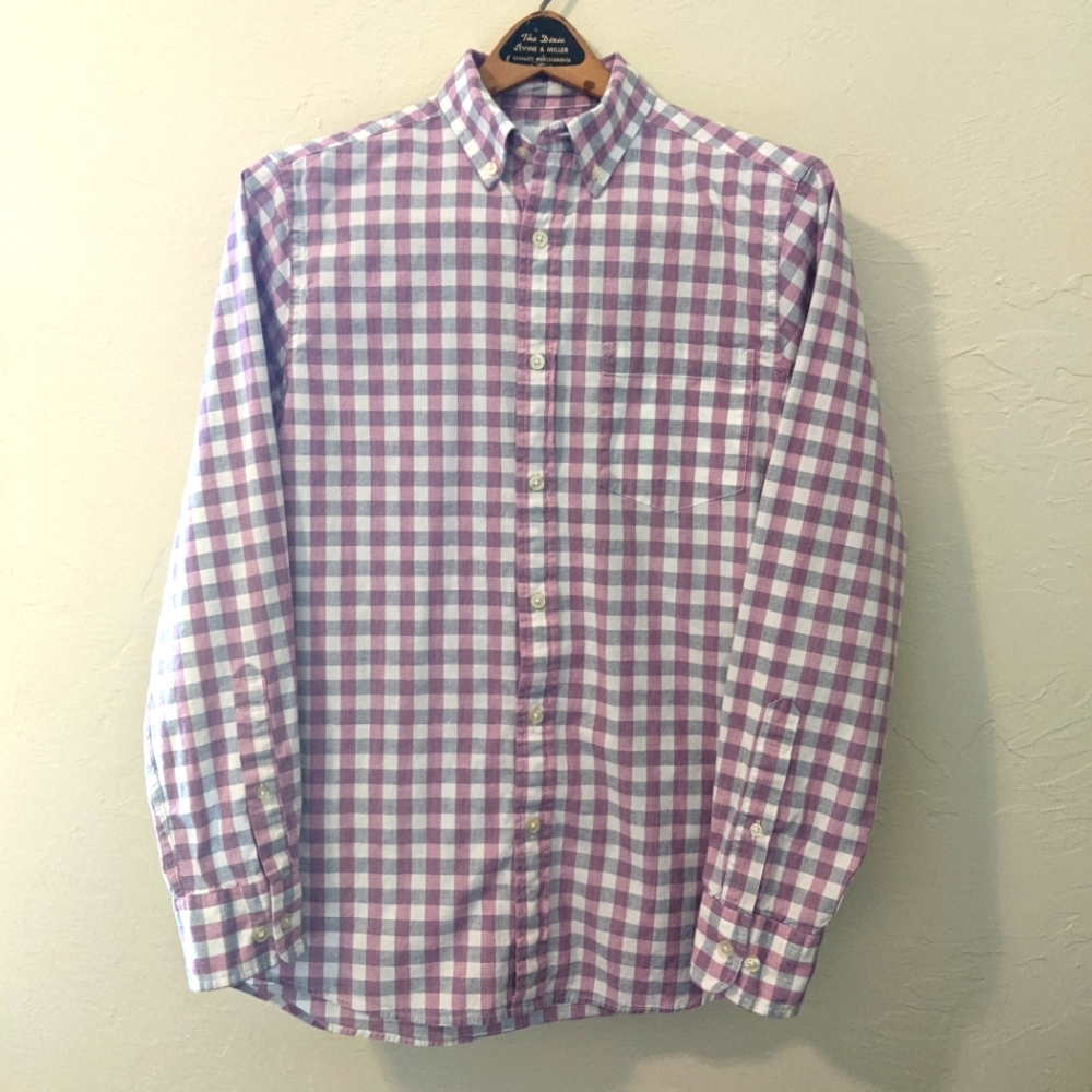 Men's Sonoma button up long sleeve dress shirt small s pink gray cream checkered
